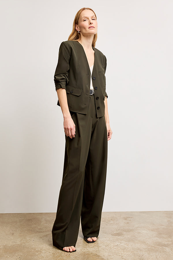 Front image of a woman wearing the Ayla Jacket in Olive | Exclude | Grid