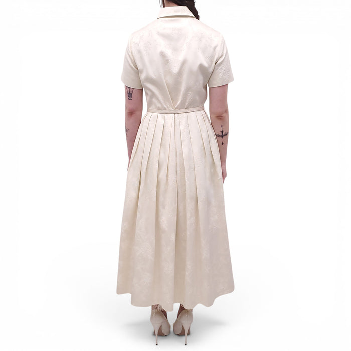 CHRISTIAN DIOR CREAM FLORAL EMBROIDERED SHORT-SLEEVE DRESS WITH BELT - SIZE M