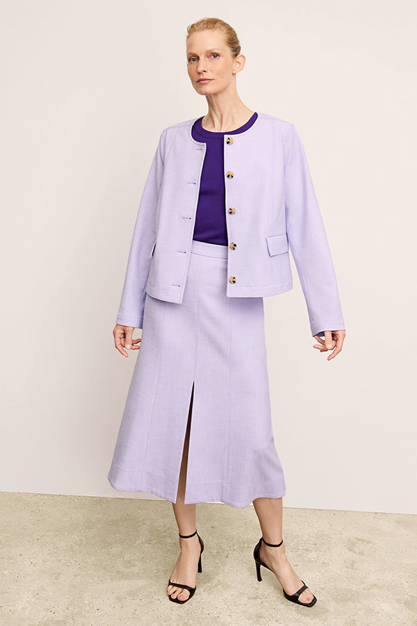 front image of a woman wearing the eva skirt in lilac/ivory | Exclude