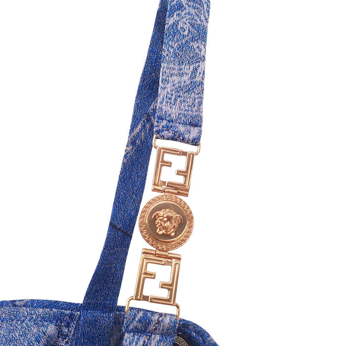 FENDACE DENIM PATCHWORK BRA WITH GOLD LOGO DETAIL - SIZE 2B