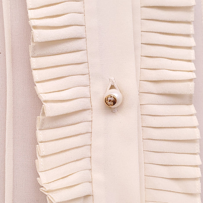 GUCCI CREAM AND NAVY RUFFLE DRESS - SIZE 38