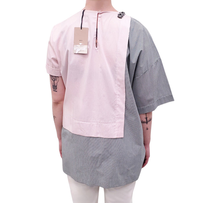 Nº21 TWO-TONED STRIPED BLOUSE WITH CRYSTAL NECKLINE DETAIL - SIZE 46