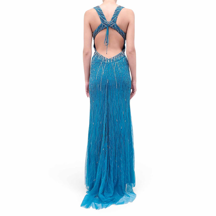 ROBERTO CAVALLI BLUE SEQUIN GOWN - SIZE 40