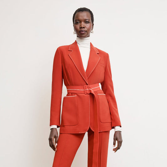 front image of a woman wearing the athena blazer in ginger with topstitch | Lead