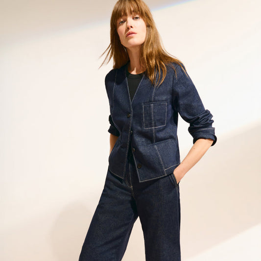 front image of a woman wearing the ayla jacket in midnight wash | Lead