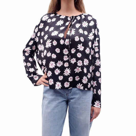 BALENCIAGA OVERSIZED BLACK AND PINK FLORAL SILK BLOUSE - SIZE 36