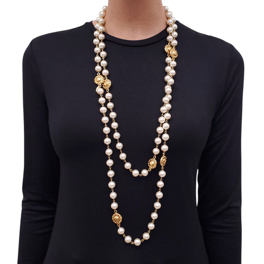CHANEL FAUX PEARL STUDDED DOUBLE STRAND NECKLACE