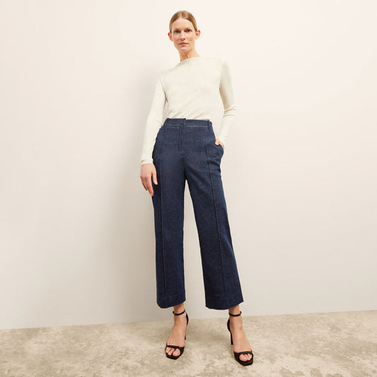 front image of a woman wearing the christy pant in dark wash | Lead