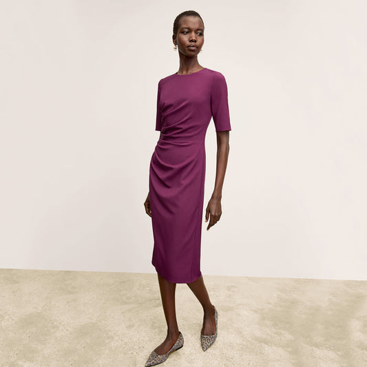 front image of a woman wearing the ciela dress in plumberry | Lead
