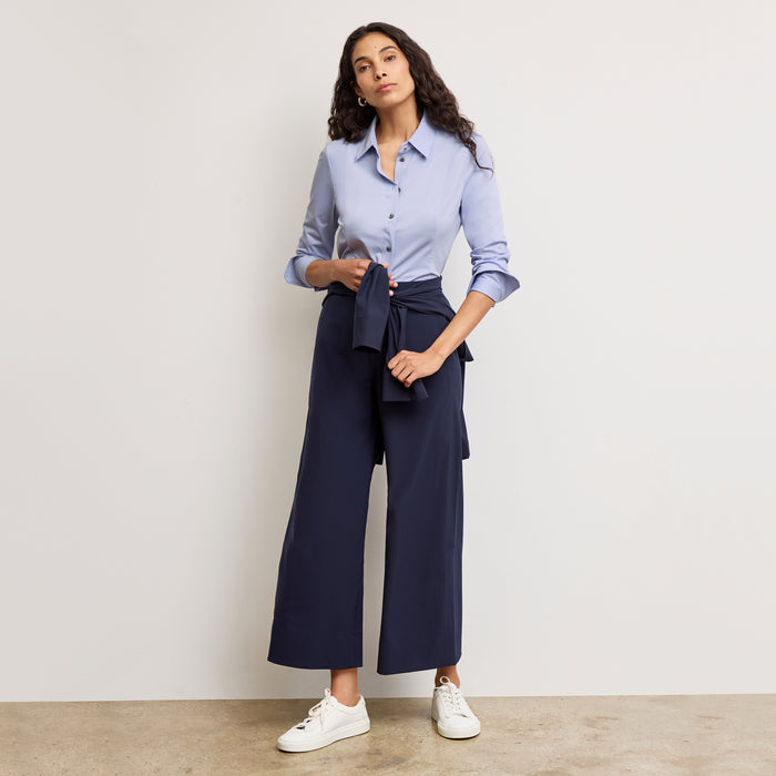 Front image of a woman wearing the Clemens Top in Hydrangea | Exclude