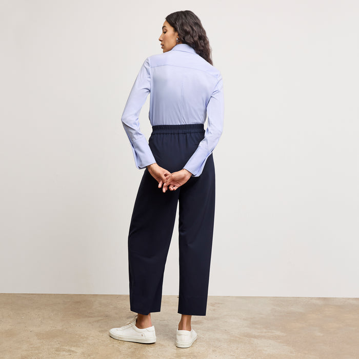 Back image of a woman wearing the Clemens Top in Hydrangea