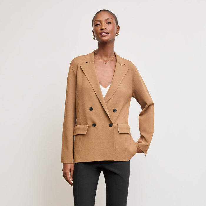 front image of a woman wearing the cody jardigan in saddle | Lead