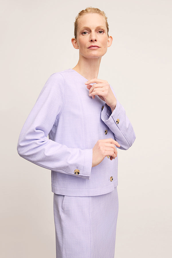 front image of a woman wearing the constance dress in lilac/ivory | Exclude