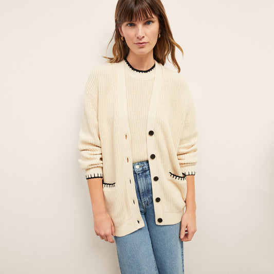 front image of a woman wearing the cookie cardigan in contrast knit | Lead