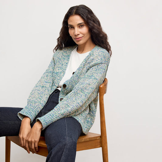 front image of a woman wearing the dakota sweater in multi | Lead