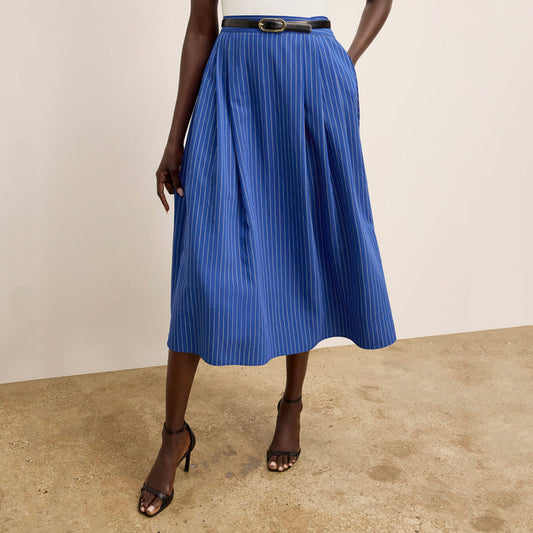 front image of a woman wearing the easton skirt in soft stripe | Lead