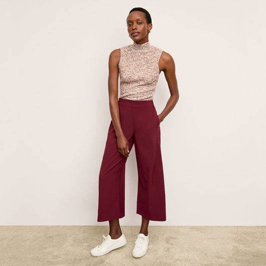 Front image of a woman wearing the Elena Pant in Berry Jam