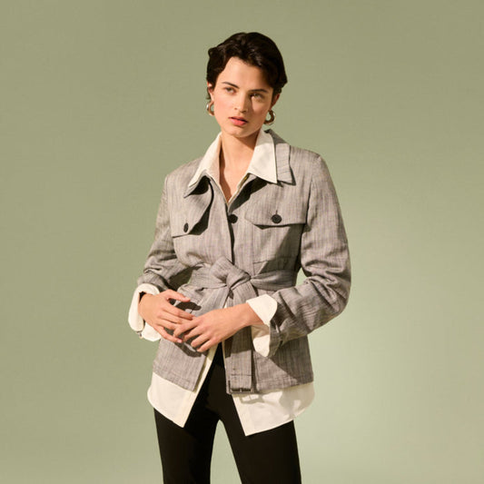Front image of a woman wearing the emery jacket in Black/White Porto Weave | Lead