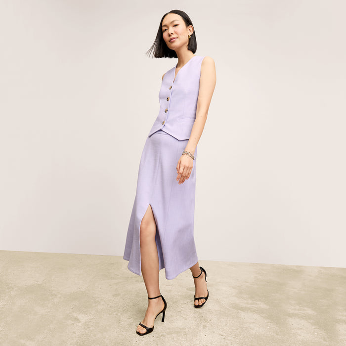 front image of a woman wearing the eva skirt in lilac/ivory | Lead