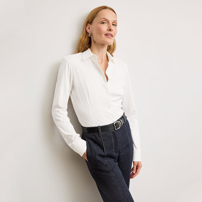 Front image of a woman wearing the Clemens top