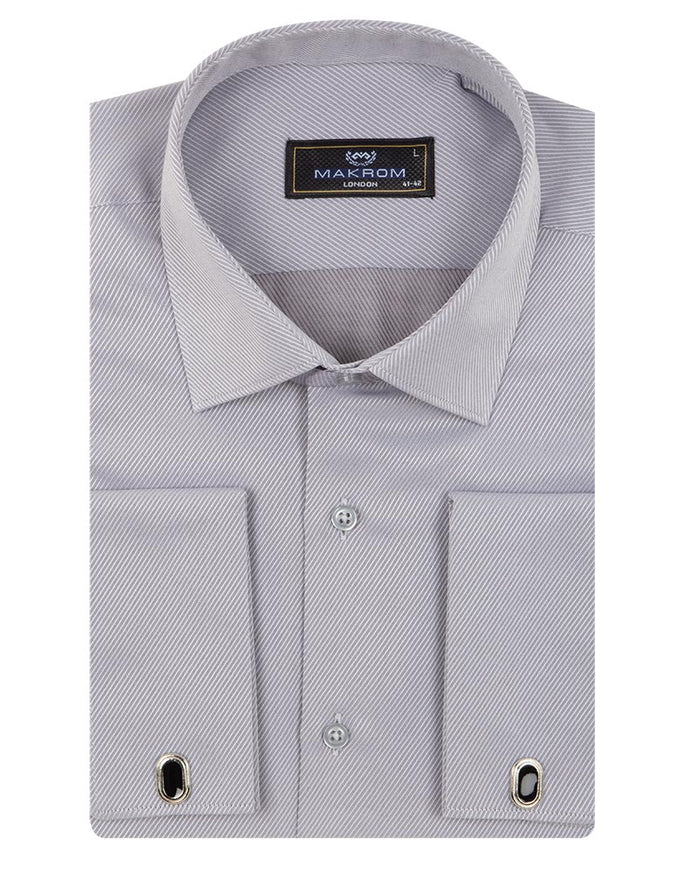 Grey Casual Twill Double Cuff Long Sleeve Shirt-Makrom