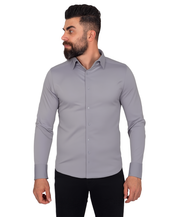 Grey Casual Twill Double Cuff Long Sleeve Shirt-Makrom