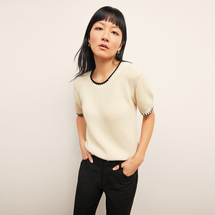 front image of a woman wearing the hallie top in contrast knit | Lead