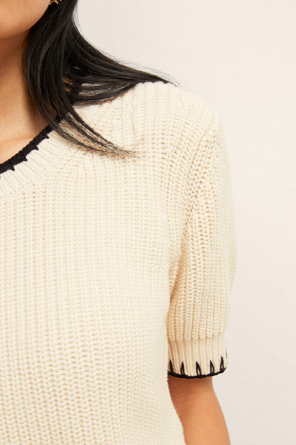 front image of a woman wearing the hallie top in contrast knit | Exclude | Grid Hover