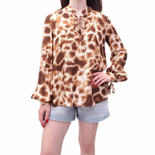 JUST CAVALLI BROWN LEOPARD PRINT BLOUSE WITH TIE DETAIL - SIZE 40