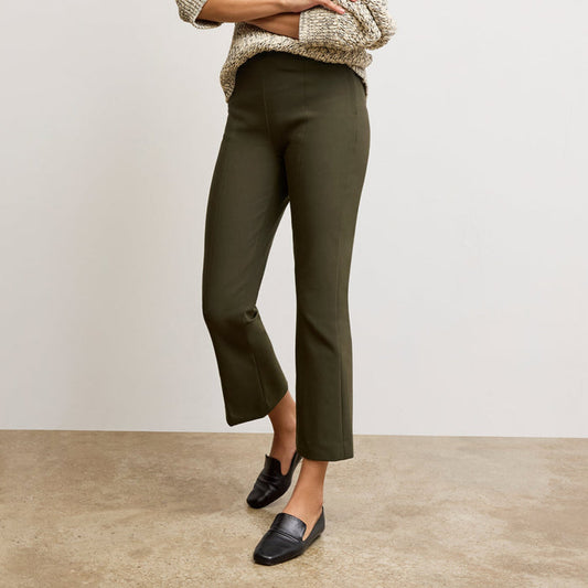 front image of a woman wearing the kick flare foster pants in olive | Lead