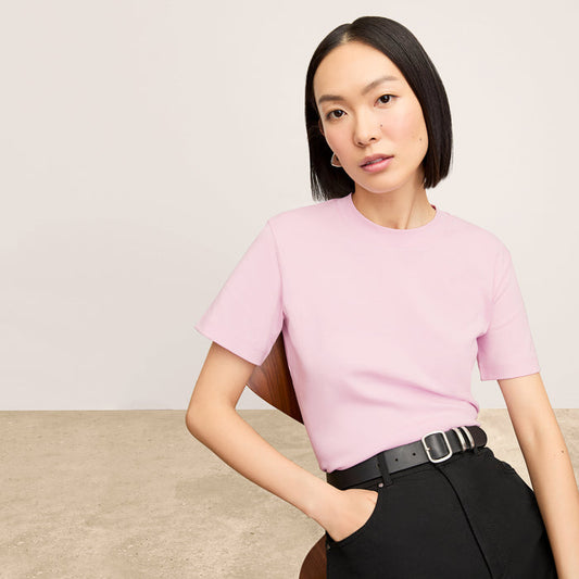 Front image of a woman wearing the Leslie Top in Hyacinth | Lead