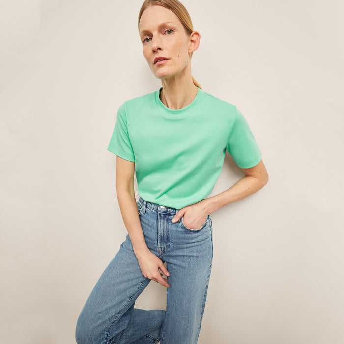 front image of a woman weairng the New York Liberty Leslie T-Shirt in Seafoam | Lead