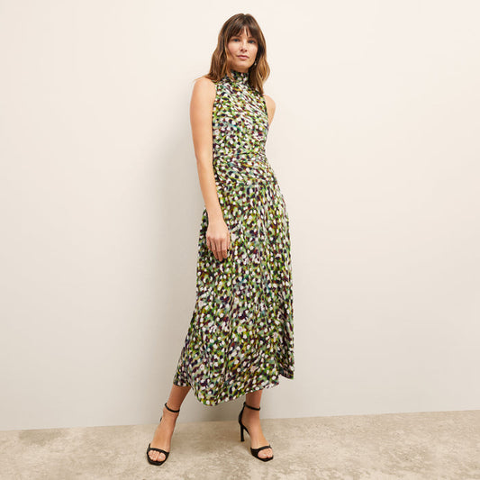 front image of a woman wearing the martina dress in spotlight print | Lead