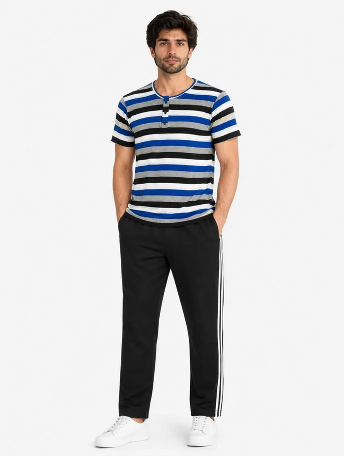Men's Blue & Black Striped Jersey Cotton Henley T-Shirt & Black Track Trouser Set