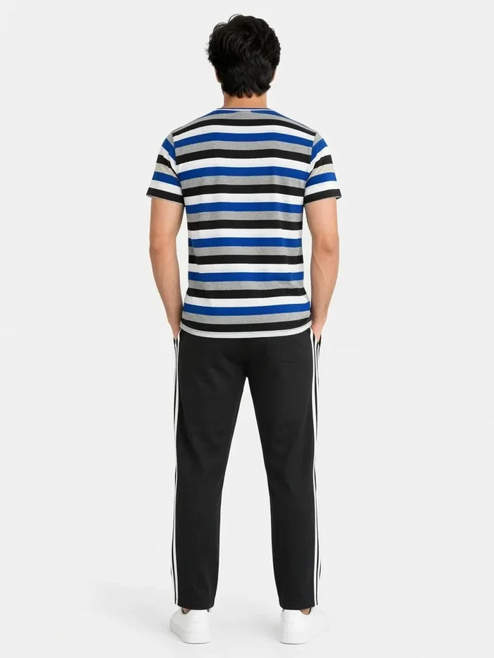 Men's Blue & Black Striped Jersey Cotton Henley T-Shirt & Black Track Trouser Set