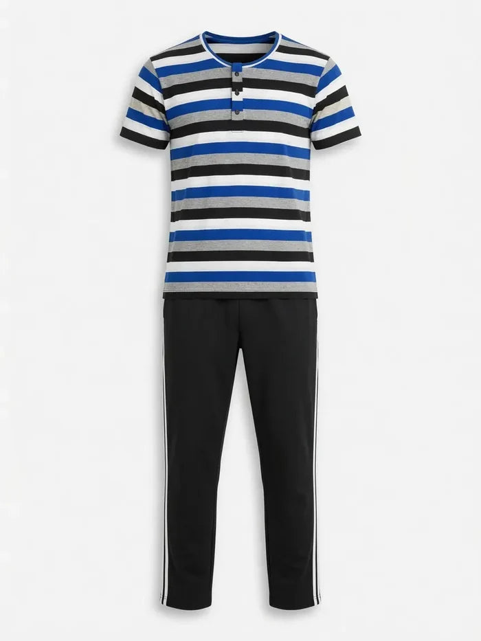Men's Blue & Black Striped Jersey Cotton Henley T-Shirt & Black Track Trouser Set