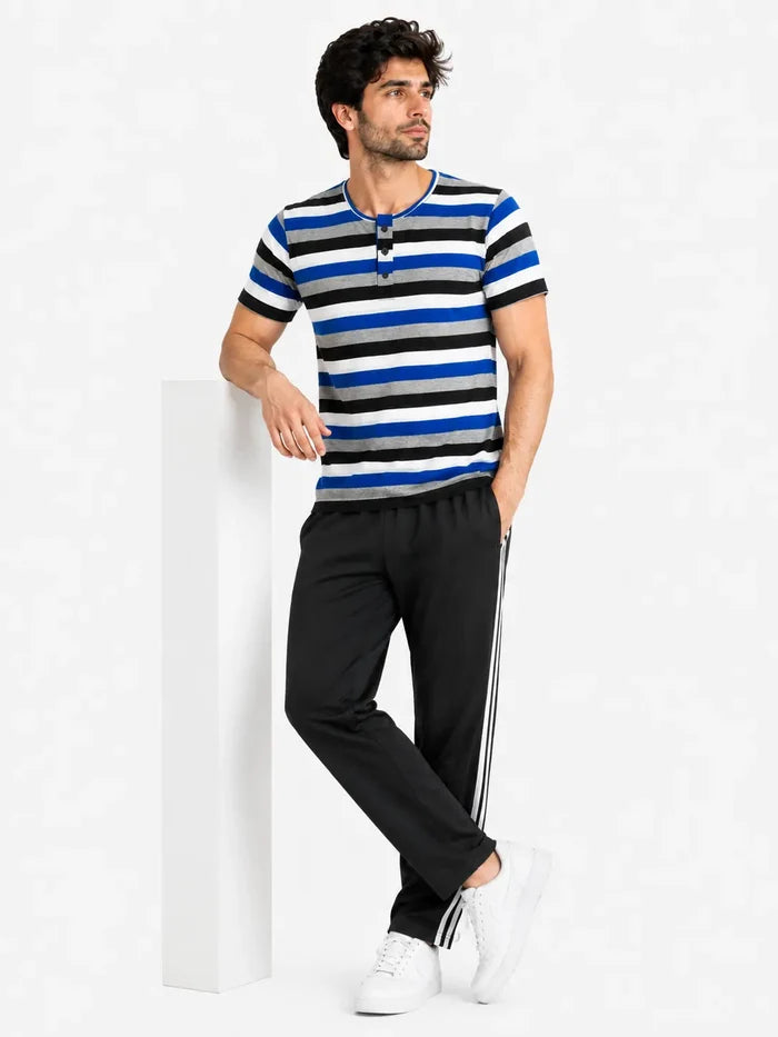 Men's Blue & Black Striped Jersey Cotton Henley T-Shirt & Black Track Trouser Set
