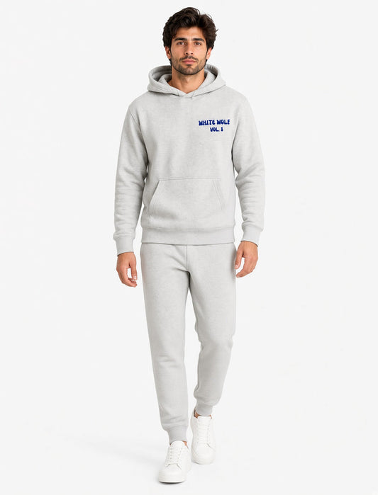 Men's Light Grey White Wolf Printed Fleece Hoodie & Joggers Set