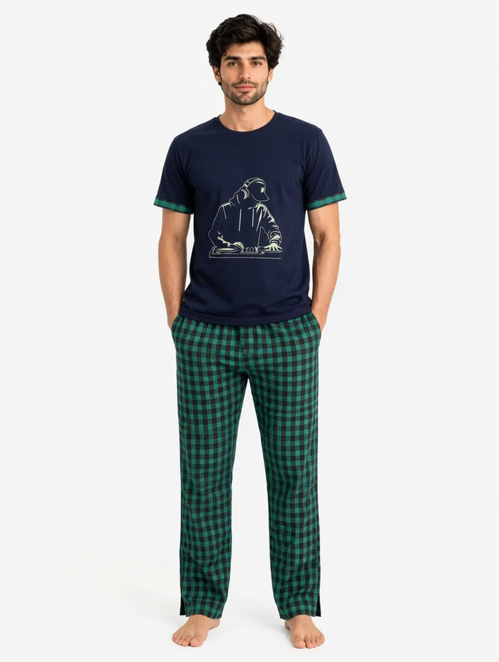 Men's Navy Blue Graphic T-Shirt & Green Check Woven Cotton Trouser Set