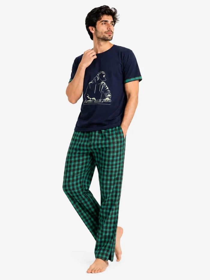 Men's Navy Blue Graphic T-Shirt & Green Check Woven Cotton Trouser Set