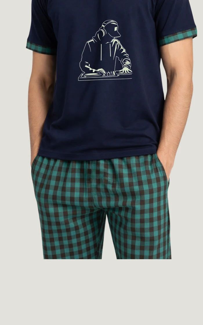 Men’s DJ Print  Lounge Wear with Woven Check Trouser & Shirt - Hinz Clothing