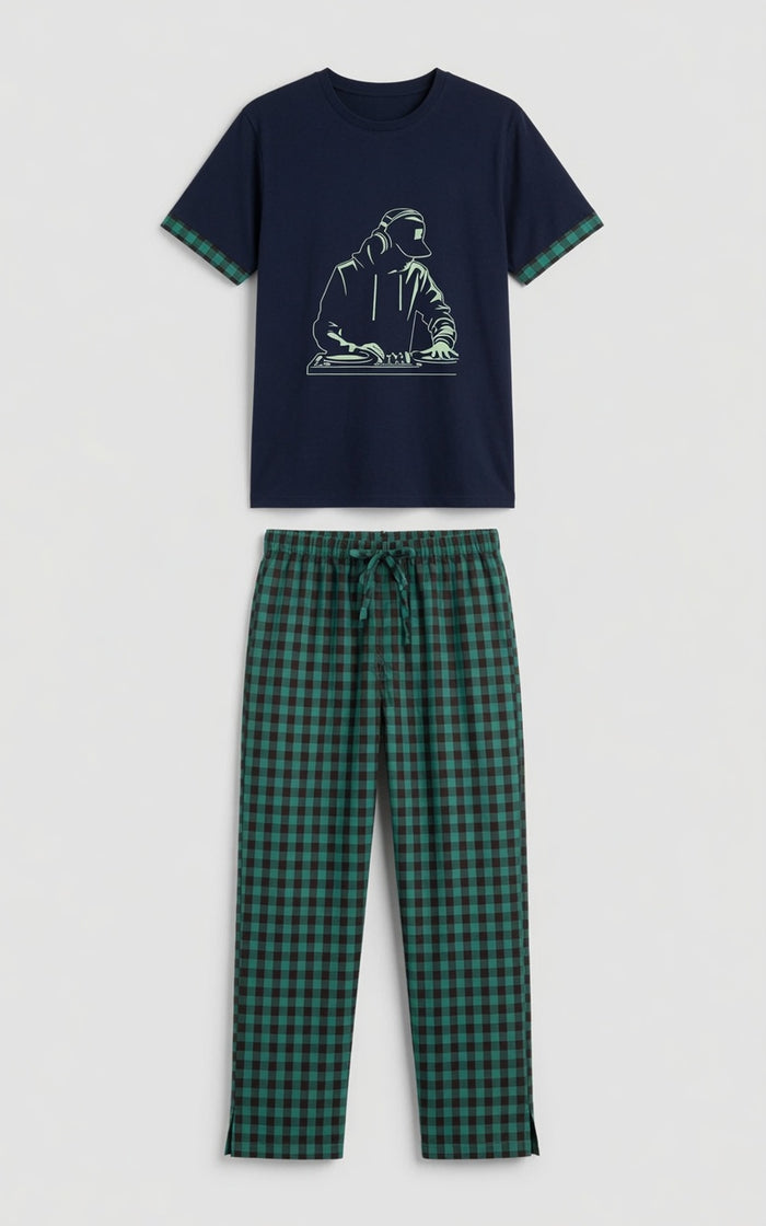Men's Navy Blue Graphic T-Shirt & Green Check Woven Cotton Trouser Set - Hinz Clothing