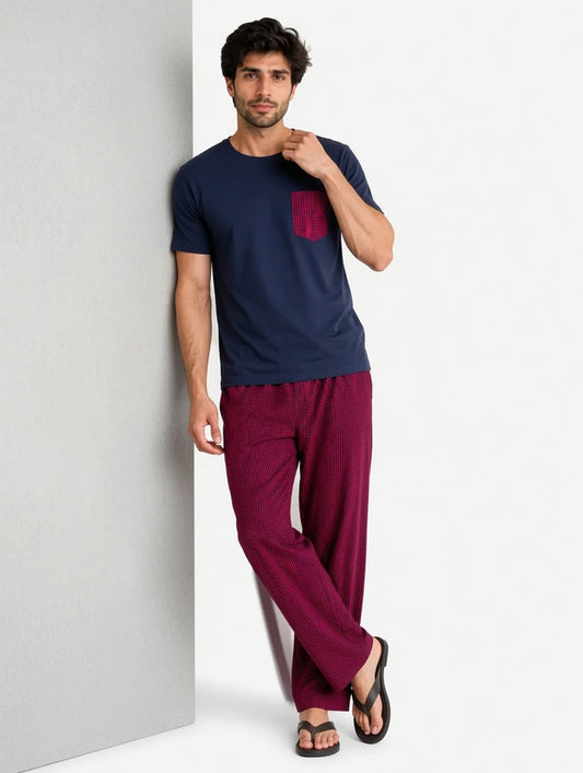Men's Navy Blue T-Shirt & Red Check Woven Cotton Trouser Set