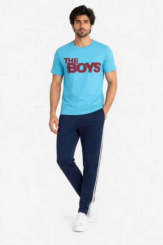 Men's Sky Blue Graphic Printed Jersey Cotton T-Shirt & Navy Track Trouser Lounge Set