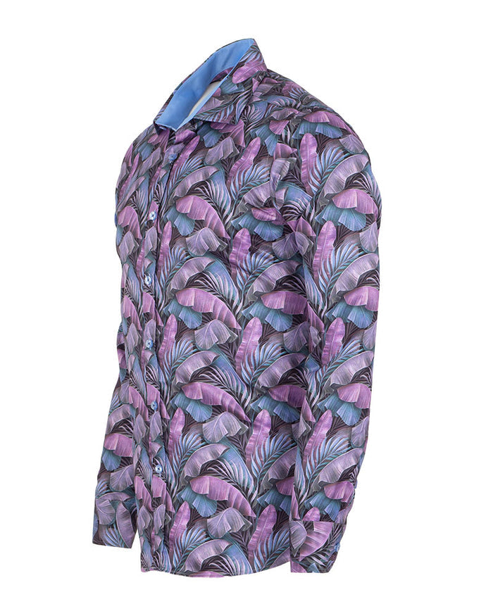 Purple Tropical Leaf Print Shirt-Makrom