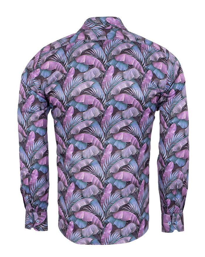 Purple Tropical Leaf Print Shirt-Makrom