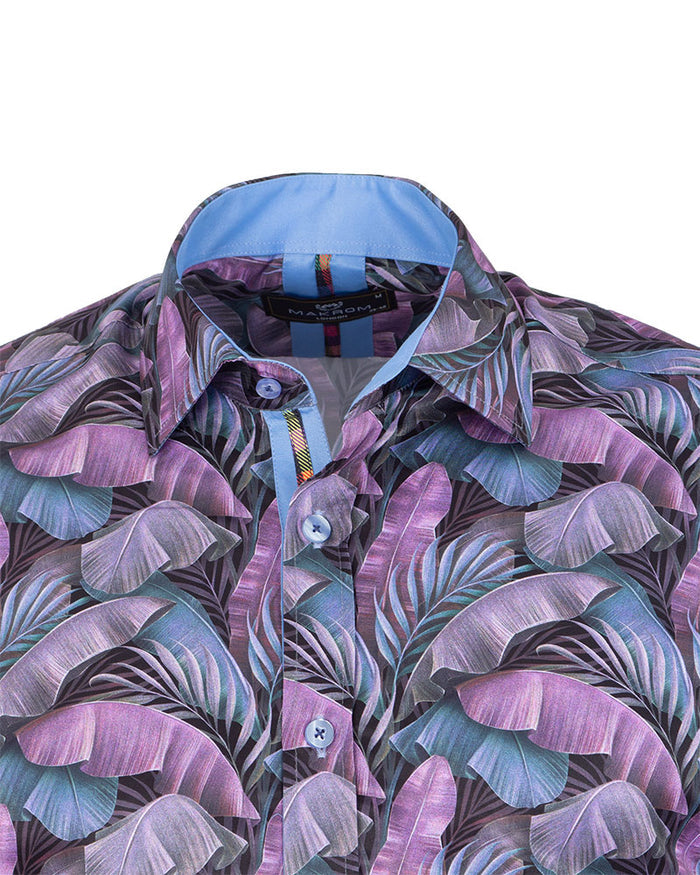 Purple Tropical Leaf Print Shirt-Makrom