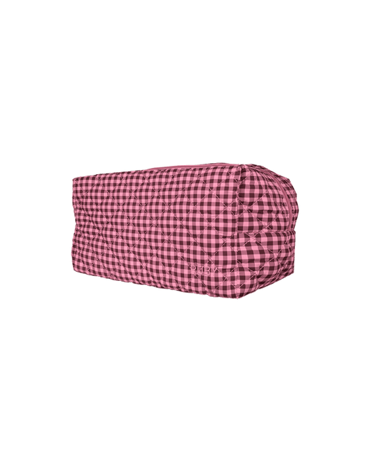QUILTED TOILETRY BAG PINK BURGUNDY GINGHAM