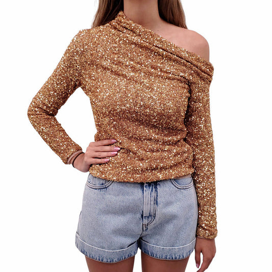 SELF-PORTRAIT GOLD SEQUIN ASYMMETRIC TOP - SIZE US 2
