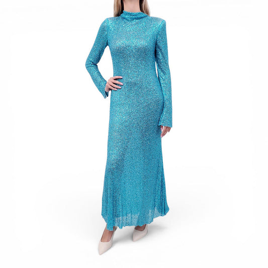 SELF-PORTRAIT TURQUOISE SEQUIN OPEN-BACK MAXI DRESS - SIZE US 10